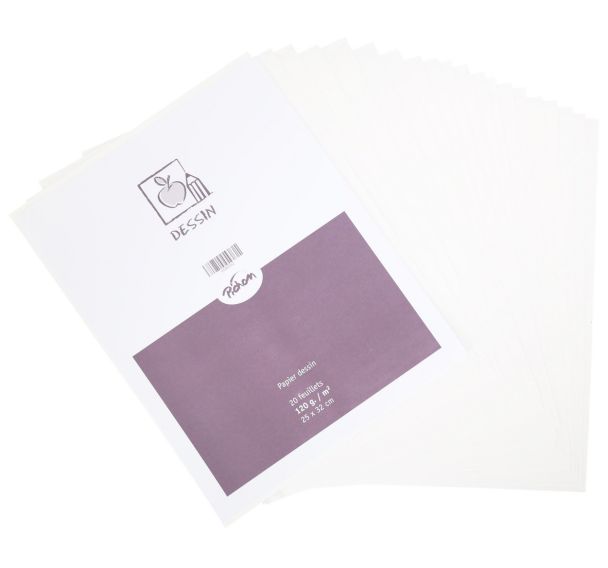 Feuille dessin blanc 120 g 25 x 32 cm gamme supérieure (Pochette de 20)