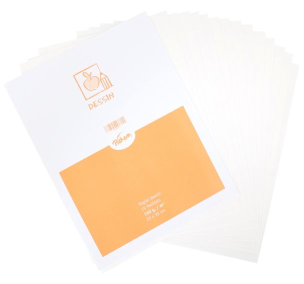 Feuille dessin blanc 160 g 25 x 32 cm gamme supérieure (Pochette de 15)