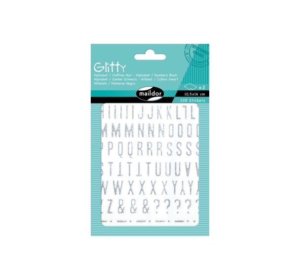 Glitty, Sach 2 pl 10,5x16cm, Alphabet / chiffres, argent