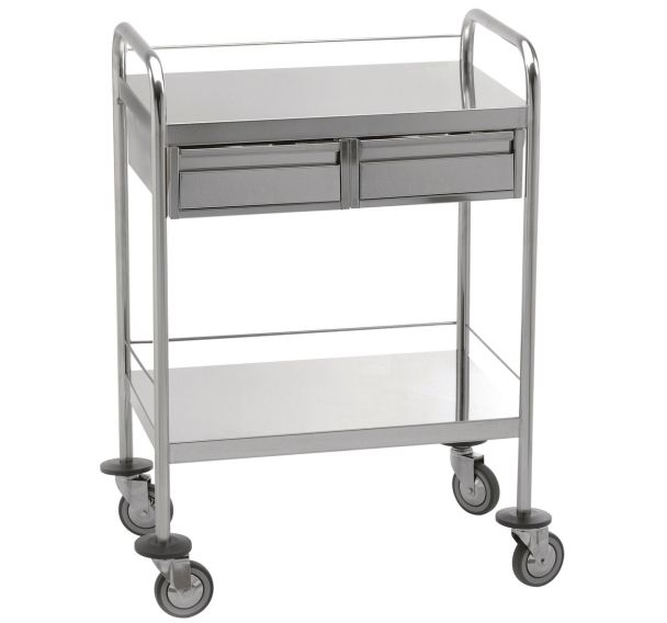 Guéridon de soins inox 2 plateaux  2 tiroirs 750 x 500 mm