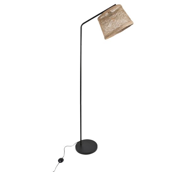 Lampadaire base ronde en métal . Abat-jour tambour en ficelle tressée