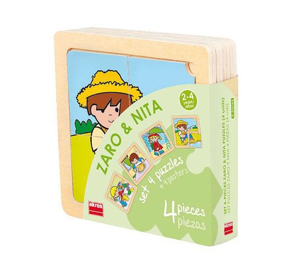 Lot 4 puzzles de 4 pièces en bois sur plateau plastique