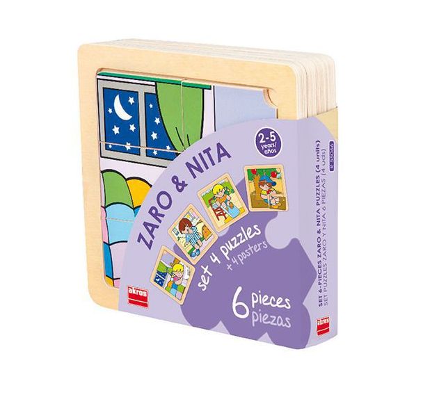 Lot 4 puzzles de 6 pièces en bois sur plateau plastique