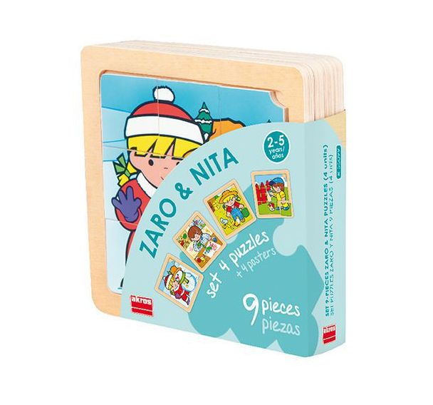 Lot 4 puzzles de 9 pièces en bois sur plateau en bois