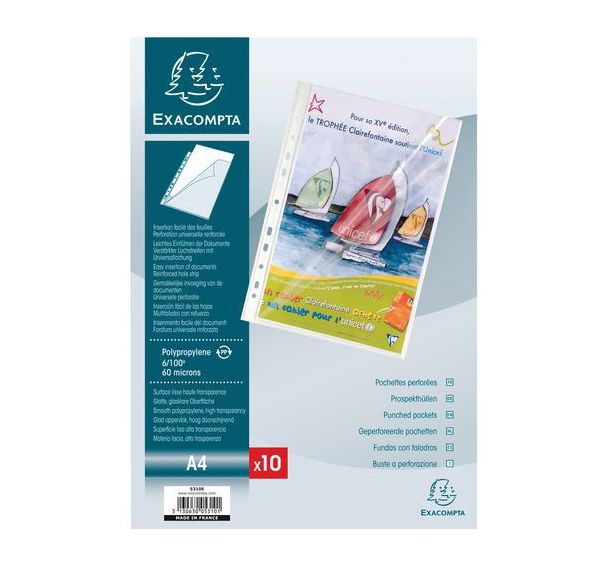 Lot de 10 Sachet de 10 pochettes perforées ouverture haut et côté A4