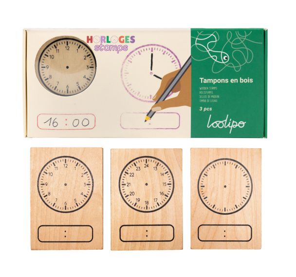 Lot de 3 tampons en bois horloge 7 x 5 cm