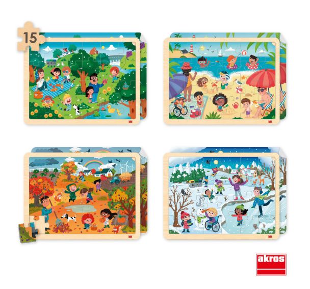 Lot de 4 puzzles 'Les saisons' de 15 pièces en bois.