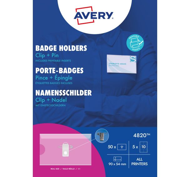 Lot de 50 Porte-badges combi à pince et épingle - Avery