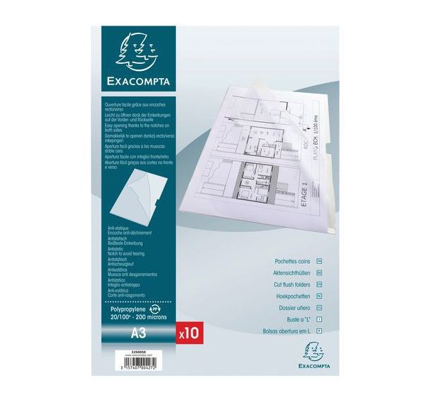 Lot de 5 sachets de 10 pochettes coin polypropylène rigide A3 vertical