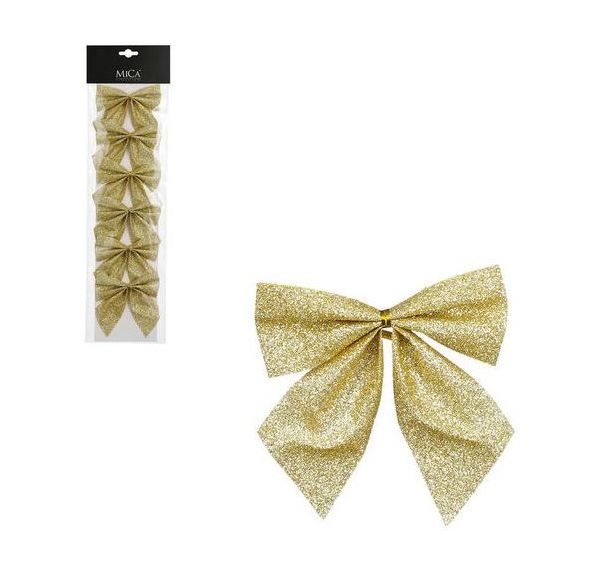 Lot de 6 Décorations de Noël en forme de noeuds pailleté - Doré