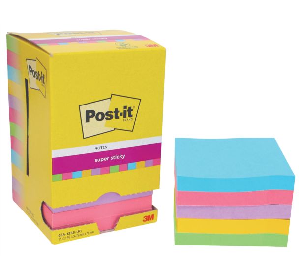 Notes Post-it® Super Sticky 76mm x 76mm 12blocs assortis