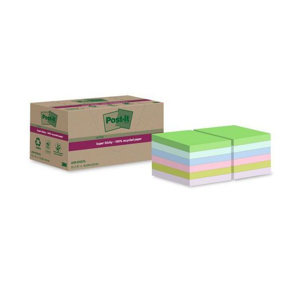 Notes Super Sticky Recyclées 47,6x47,6mm 12 blocs assortis