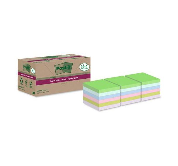 Notes Super Sticky Recyclées 76x76mm 14 + 4 blocs assortis