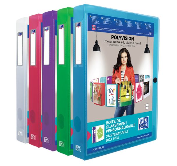 OXFORD Boîte Capacité Standard Polyvision 24x32cm Dos 40mm avec Bouton Pression Couverture Polypro Opaque Coloris Assortis