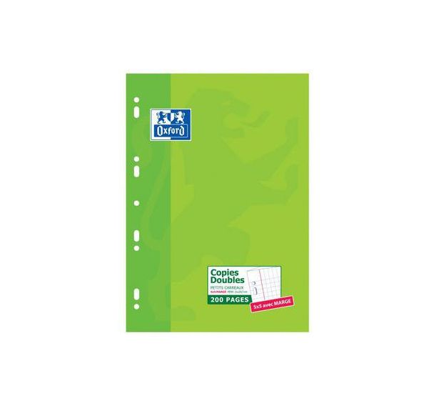 OXFORD Copies Doubles A4 Petits Carreaux 5mm Margés 200 Pages Etui Carte Vert