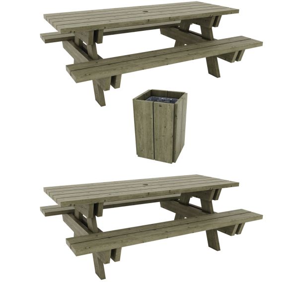Pack Bréhat : 2 tables pin traité + 1 poubelle carrée 50 L - Manutan Expert