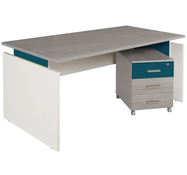 Pack bureau Linéo Chêne Gris/Blanc/Bleu argile caisson mobile - Simmob