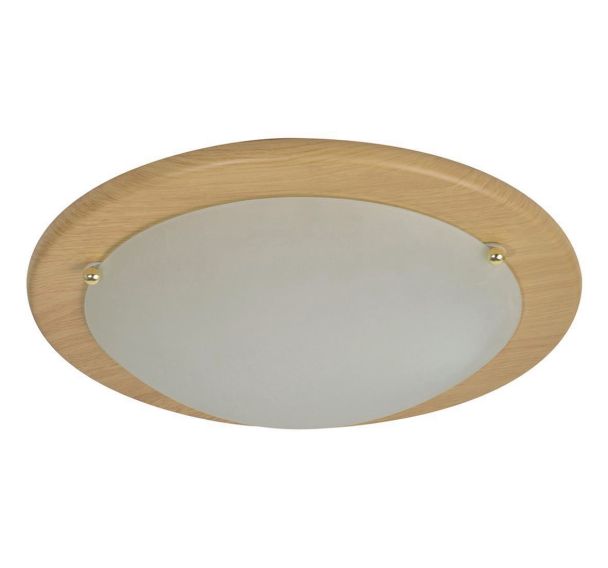 Plafonnier rond en verre dépoli. Base en métal effet Ezio naturel