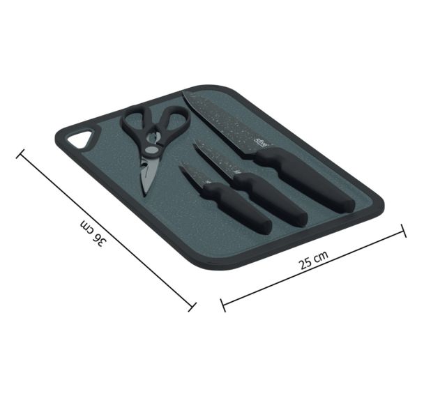 Planche à découper + 3 couteaux Caractère + 1 économe + ciseaux