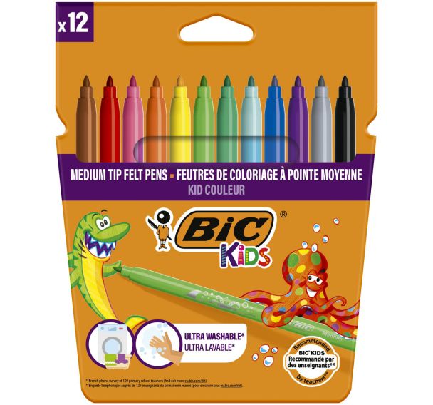 Pochette 12 feutres encre lavable pointe 2.8 mm Bic Kids.