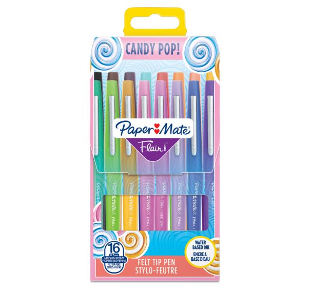 Pochette de 16 Paper Mate Flair Candy POP Feutres de Coloriage, pointe moyenne 0,7 mm couleurs assorties