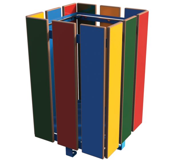 Poubelle ODEO carrée 60 L lames HPL multicolores / métal bleu 5017 - platine
