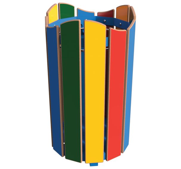 Poubelle ODEO ronde 60 L lames HPL multicolores / métal bleu 5017