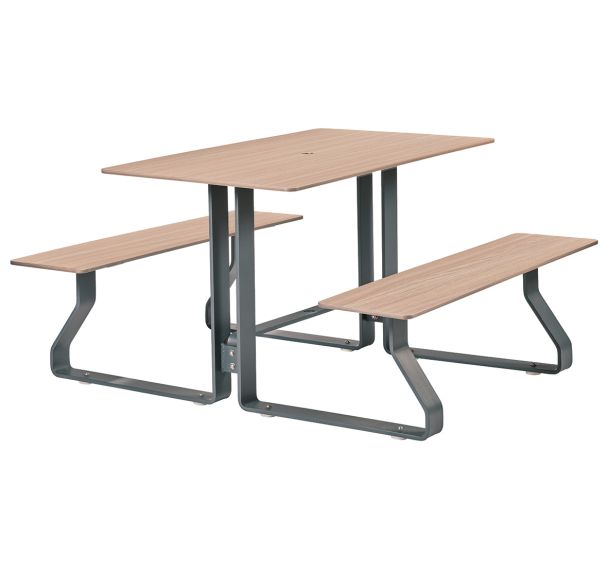 Table bancs HYSOPE trou parasol bois/métal - Buton Design