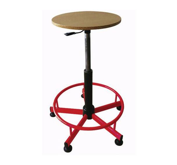 Tabouret assise bois, réglable par verin à gaz, repose-pieds