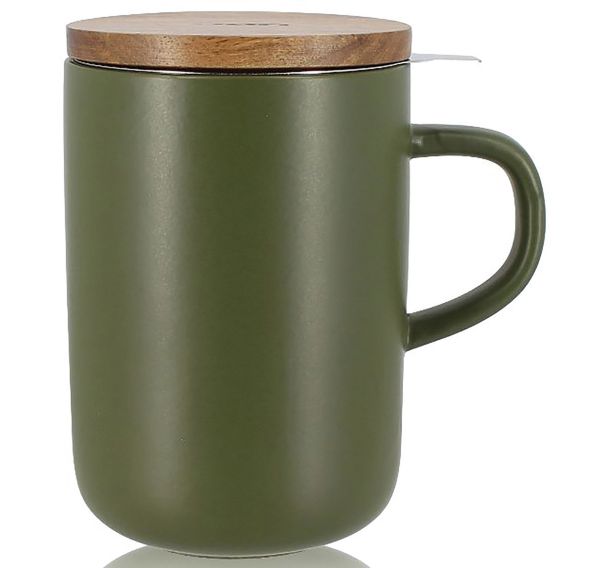 Tisanière grès 475ml vert olive avec couvercle bois