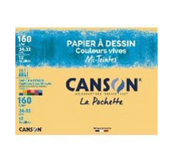 pochette CANSON® papier dessin couleur mi-teintes® vives 24x32cm 12 feuilles 160g/m²