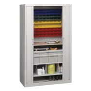 Armoire à rideaux universelle-3 tablettes col.gris avec panneau fendu pour bacs