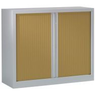 Armoire basse grande largeur à rideaux ton bois à monter Vinco