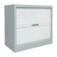 Armoire reconditionnée basse à rideaux - Blanche et grise