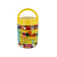 Baril 500 g perles en bois colorés + 4 cordons