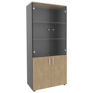 Bibliothèque City 2 portes verres et 2 portes basses coloirs chêne/carbone