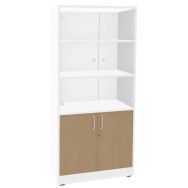 Bibliothèque Quatuor 2 portes verre+2 pleines Chêne/Blanc