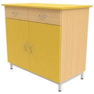 Buffet 2 portes 2 tiroirs mélaminé socle 4 pieds hêtre 350/jaune/alu 9006
