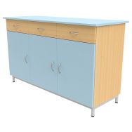 Buffet 3 portes 3 tiroirs mélaminé socle 4 pieds hêtre 350/bleu/alu 9006