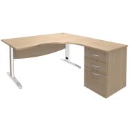 Bureau asymétrique 180cm Quatuor pied L métal retour droite+caisson HB Chêne/bl