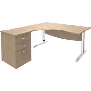 Bureau asymétrique 180cm Quatuor pied L métal retour gauche+caisson HB Chêne/Blc