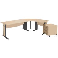 Bureau droit 160cm Quatuor pied L bois angle+retour 80cm+caisson 3T Hêtre/Anth