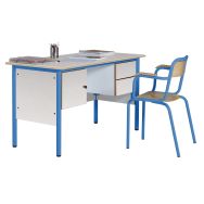 Chaire 2 tiroirs + caisson, beige, chants plaqués + fauteuil de maître, bleu