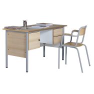 Chaire 2 tiroirs + caisson, hêtre, chants plaqués + fauteuil de maître, gris
