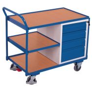 Chariot ergonomique 3 plateaux bois et bloc-tiroirs - Capacité 250 Kg