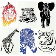 Ensemble 6 pochoirs animaux sauvages en plastique lavable. Format A4