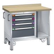 Établi mobile hêtre 100x70x88 cm 1 porte, 4 tiroirs (3x10/1x20)