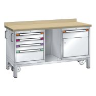 Établi mobile hêtre 100x70x88 cm 1 porte, 5 tiroirs (3x10/1x15/1x20)
