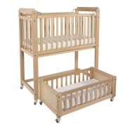 Lit crèche Duo 2 niveaux, lit haut fixe, lit bas mobile, piétement hêtre naturel