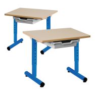 Lot 2 tables réglables Chloé 60x50 tiroir, plateau beige piètement bleu RAL 5015